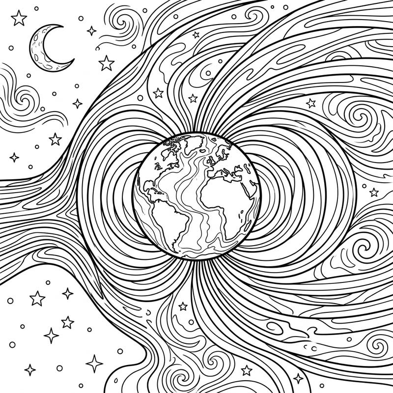 Dive into the celestial beauty of Earth's magnetosphere illuminated by the night sky. This detailed coloring page invites you to bring cosmic energy and stellar dreams to life with your favorite colors.