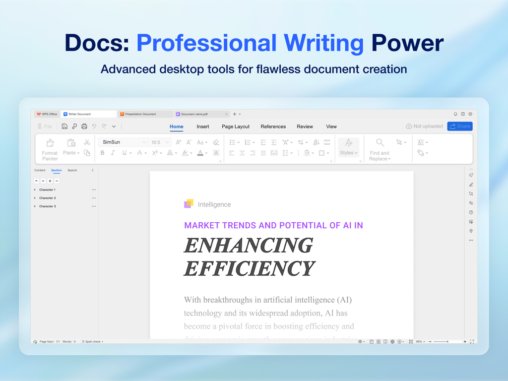 WPS for Pad: AI Office & PDF - WPS for Pad professional writing interface on an iPad showing desktop-class document editing tools