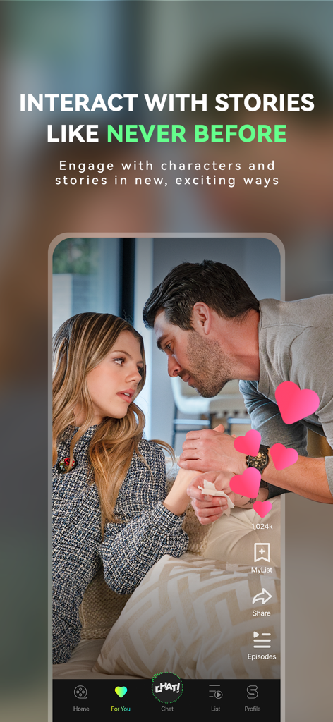 Interfaz de la aplicación StoReel que muestra una escena de drama romántico con íconos de corazón interactivos.