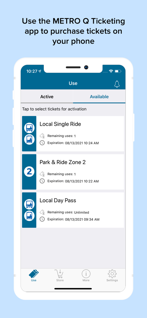 Vista de los boletos y pases disponibles en la aplicación Q Ticketing