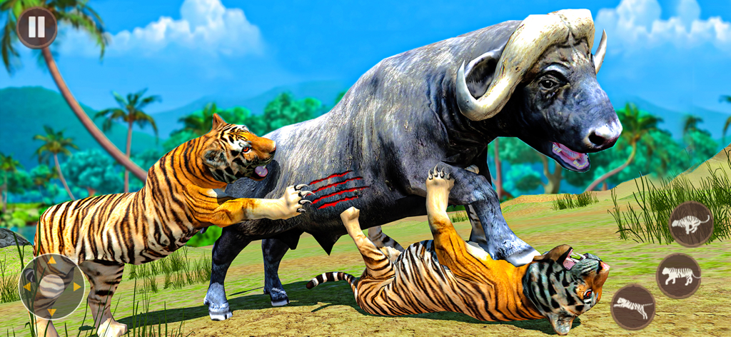 Dos tigres atacando a un gran búfalo de agua en un entorno de jungla en 3D con controles de juego en pantalla