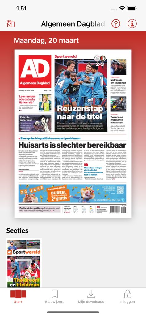 Un écran d'application mobile affichant la réplique numérique de la une du journal Algemeen Dagblad.