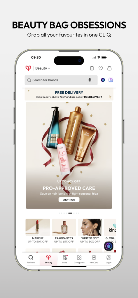 Interface de l'application mobile de Tata CLiQ présentant des produits de beauté, des remises sur les soins capillaires et des catégories de maquillage