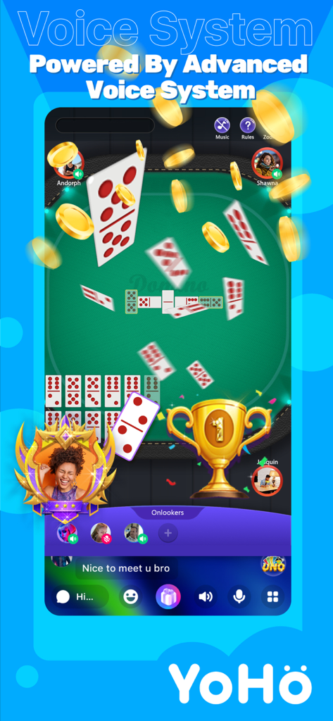 Mobile app interface for YoHo showing users playing a dominoes game in a voice chat room with virtual rewards