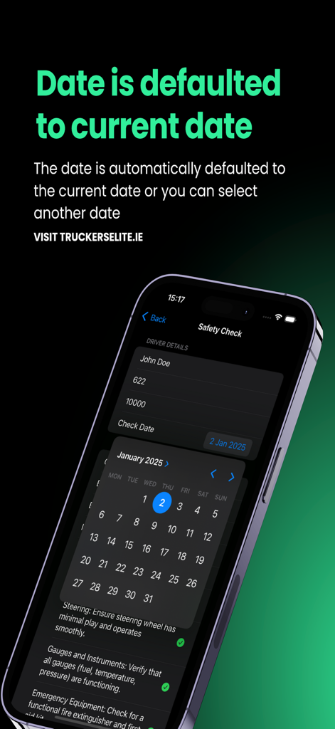 Smartphone screen showing the WalkAround Checks app with an automatic date selection feature for vehicle safety reports.