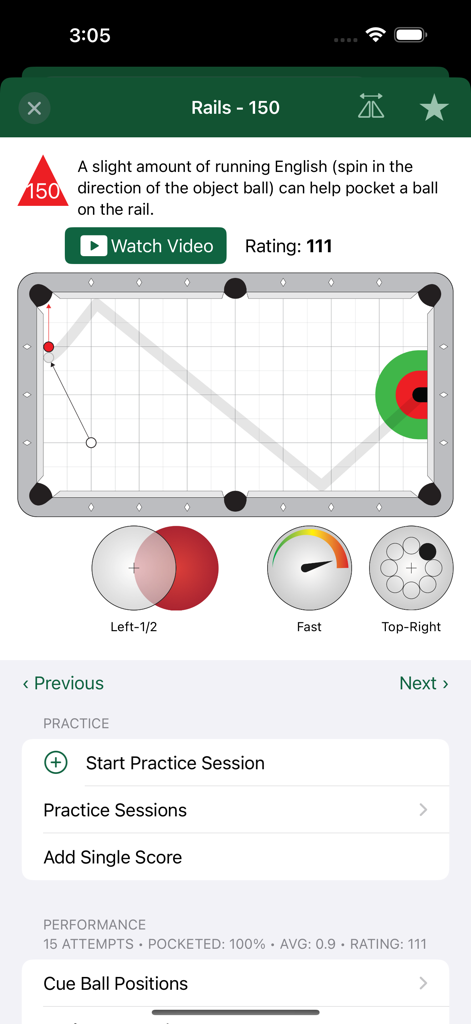 Interface of the Bullseye Billiards app showing a detailed shot diagram with cue ball paths and practice instructions for a rail shot