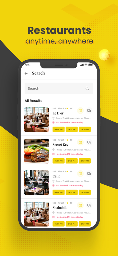 Eine Smartphone-Oberfläche der MyTable-App, die eine Liste von Restaurants mit verfügbaren Buchungszeiten und Bewertungen anzeigt