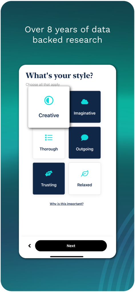 Focus@Will: Control Your ADD - Focus@Will app screenshot showing a brain style personalization quiz with options like Creative and Imaginative
