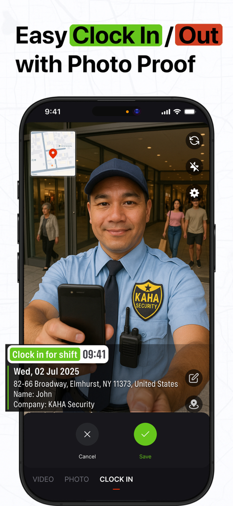 Timestamp: Time stamp Camera - A security guard using the Timestamp camera app to clock in with a verified photo showing date and location