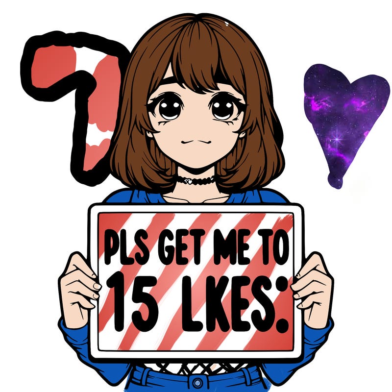 realistic girl holding up a sign that says “pls get me to 15 likes!”
