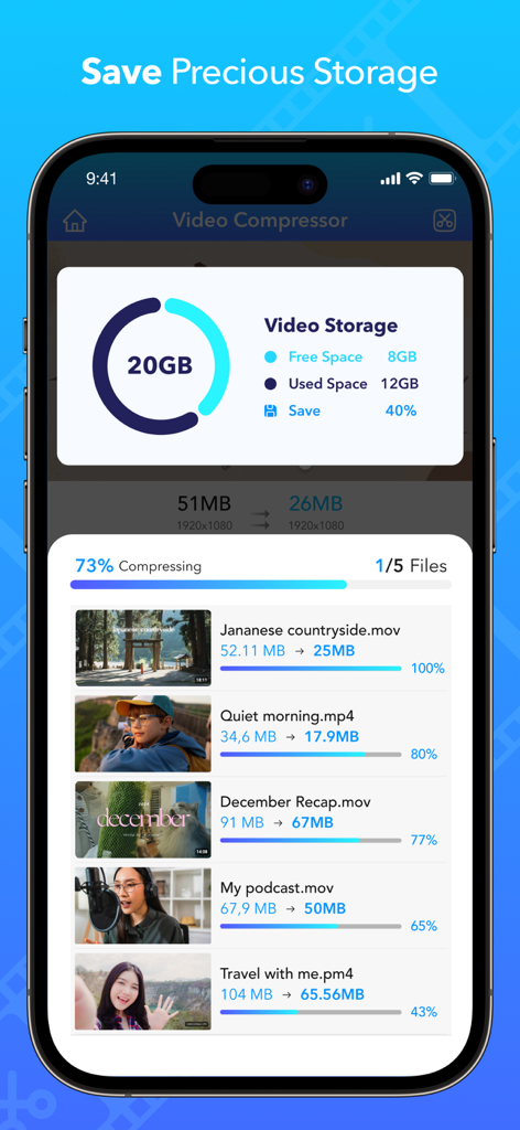 Video Compress - Shrink Resize - iPhone screen showing the Video Compressor app reducing multiple video file sizes to save storage space
