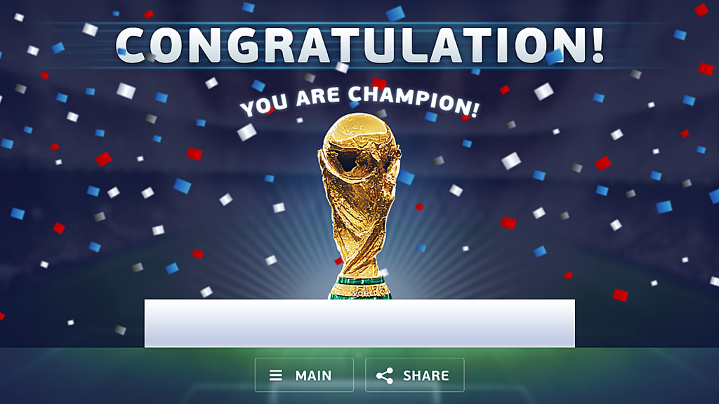 Score and Win - FreeKick 3D World Cup - A victory screen from a soccer game showing a gold trophy and congratulations message with confetti.