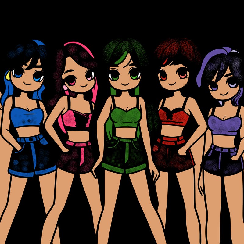 a group of girls wearing crop tops and shorts