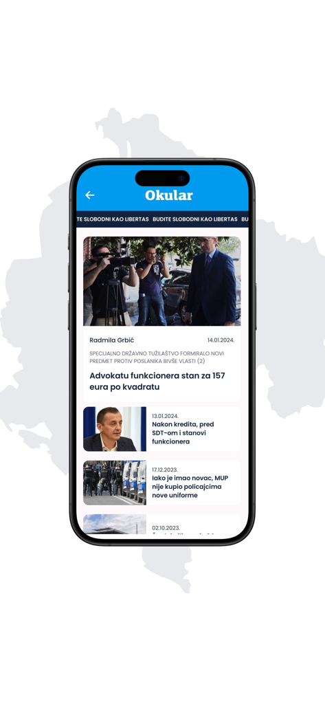 Libertas Press - Libertas Press app displaying investigative news articles about Montenegro politics and corruption