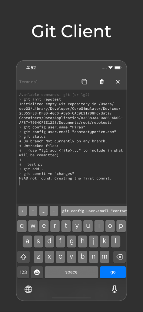 Una interfaz de terminal móvil que muestra comandos Git como init, config y commit siendo ejecutados dentro de la aplicación Node.js Lab.