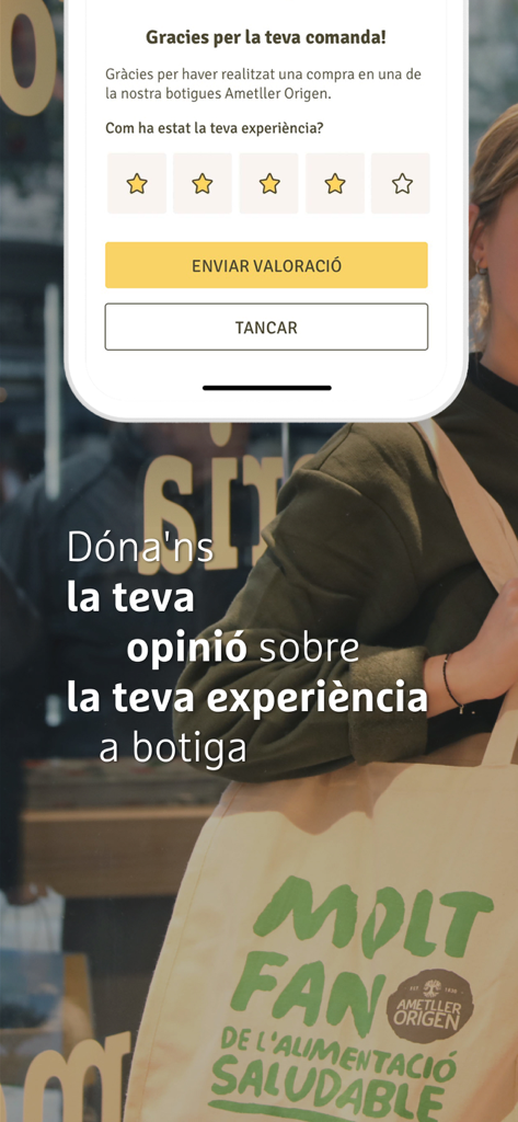 A mobile app interface from Ametller Origen asking users to rate their in-store shopping experience with a five star scale