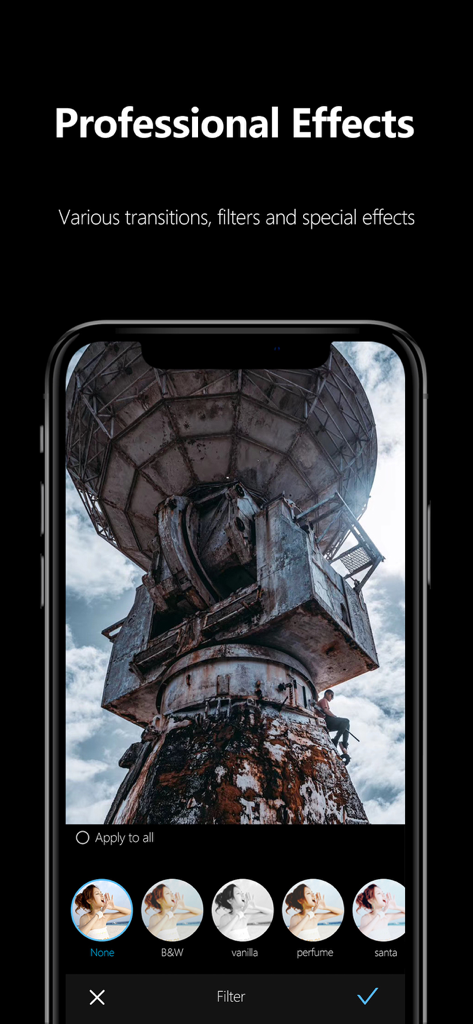 AKASO GO app interface showing professional video editing filters and special effects on a smartphone