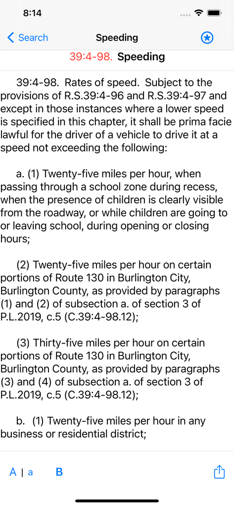 State Statute & Federal Law - 뉴저지의 과속에 대한 법적 법령을 보여주는 모바일 앱 인터페이스