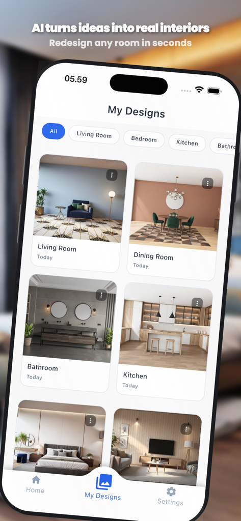Screenshot of the My Designs section in the AI Home Design app showing a gallery of AI-generated interior room transformations for kitchens, bathrooms, and living rooms.