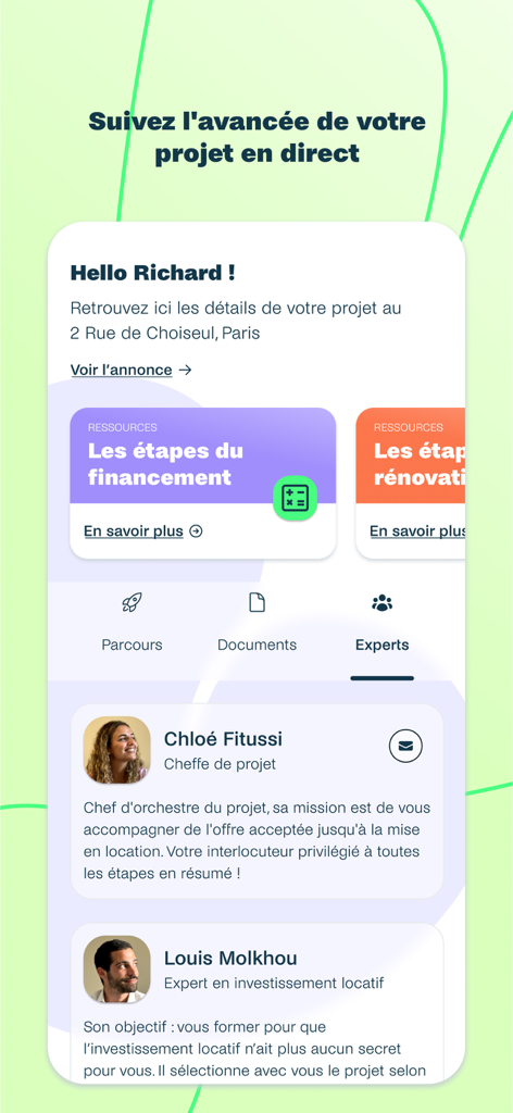 Screenshot of Beanstock app showing live project tracking and profiles of real estate experts