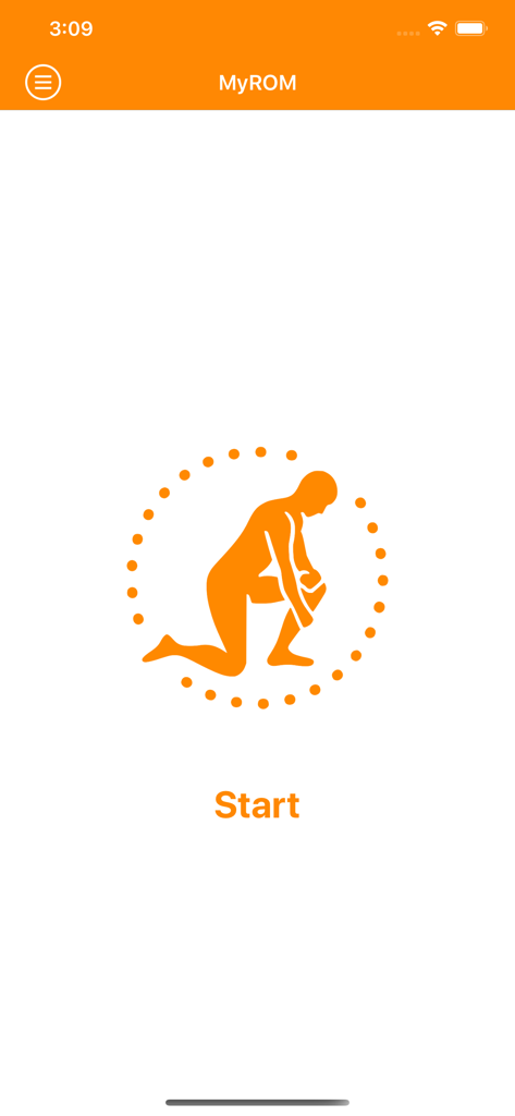 Pantalla de inicio de la aplicación My ROM con un icono de figura arrodillada y un botón de inicio