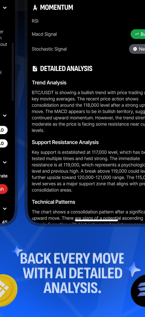 CryptoLens AI - Tela detalhada de análise de mercado no aplicativo CryptoLens AI mostrando dados de suporte e resistência de tendências para negociação de BTC