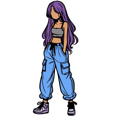 girl in baggy pants crop top and long hair