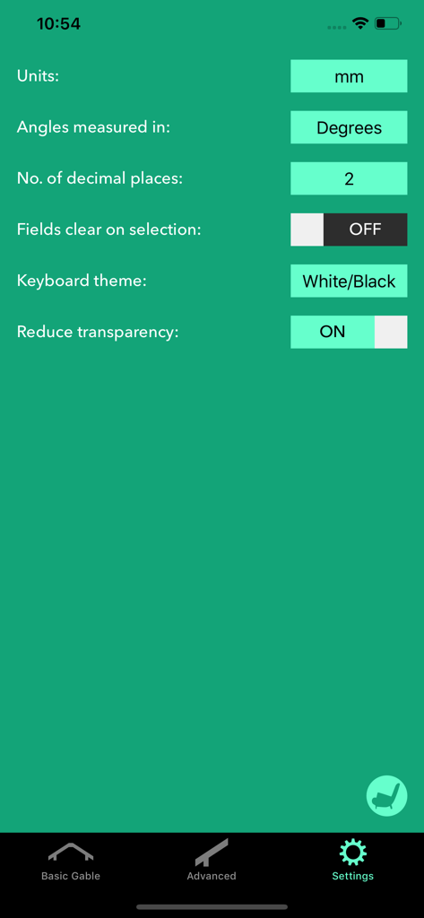 Menú de ajustes para configurar unidades, ángulos y precisión decimal en la aplicación Rafter Help