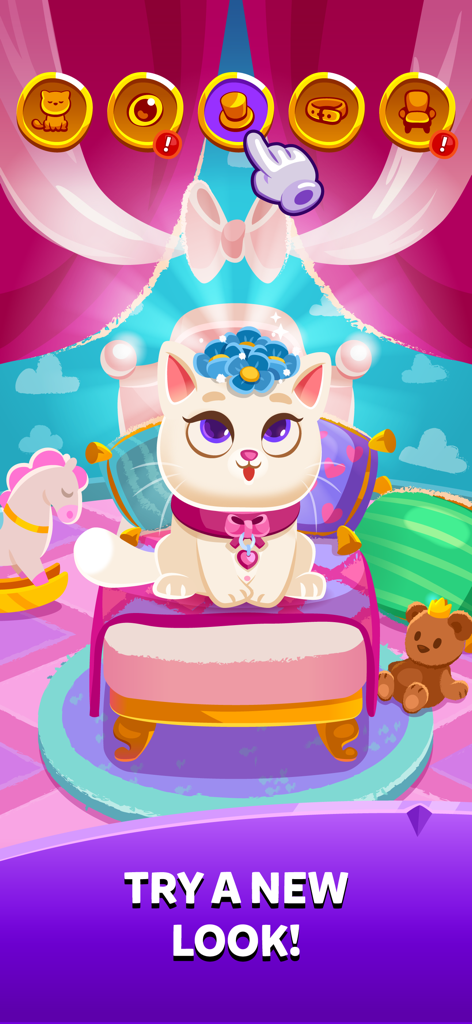 Bubbu Jewels - Merge Puzzle - Bubbu il gatto che indossa accessori in una schermata di travestimento