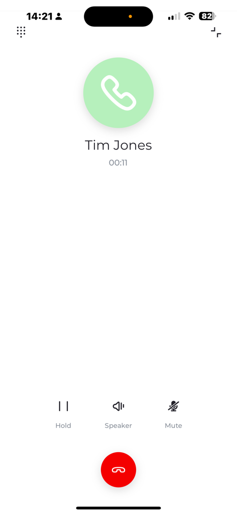 Sonetel 2.0 - Écran de l'application Sonetel 2.0 lors d'un appel actif avec le contact professionnel Tim Jones
