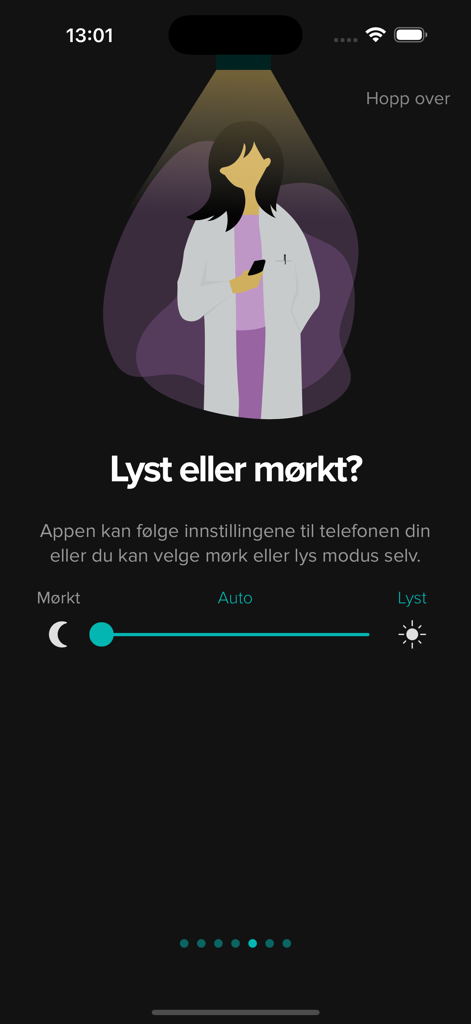 MedEasy - MedEasy app interface for choosing between light or dark mode theme with an illustration of a healthcare student