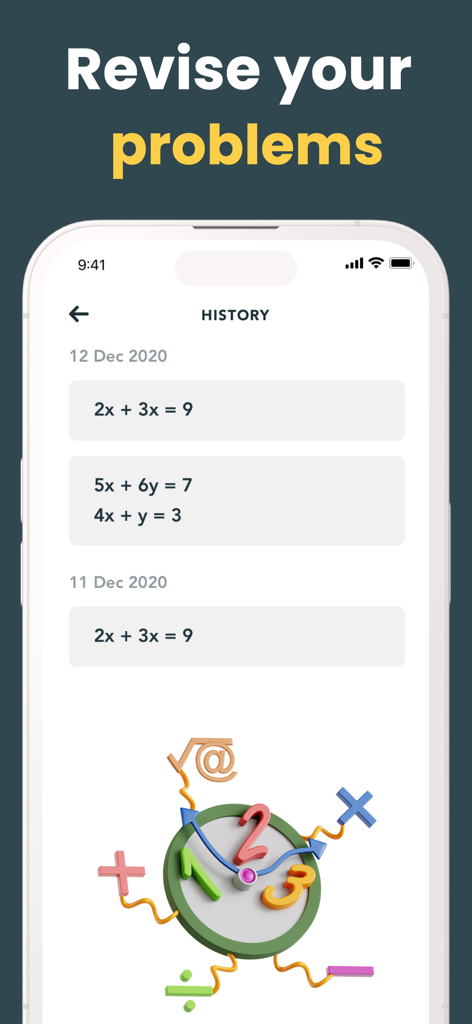 Interface showing the history of solved math problems for student revision
