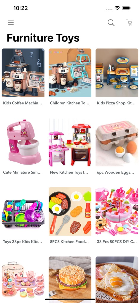 Cheap Toys Store Online - Pantalla de la aplicación móvil que muestra una variedad de juegos asequibles de cocina y muebles de juguete para niños.