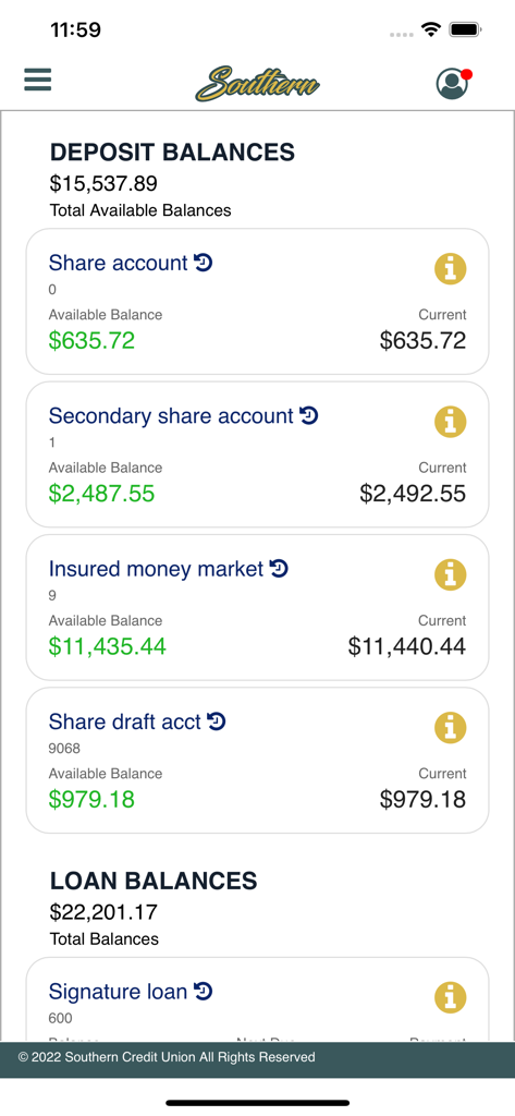 Southern Credit Union - Southern Credit Union mobile app dashboard displaying deposit and loan balances