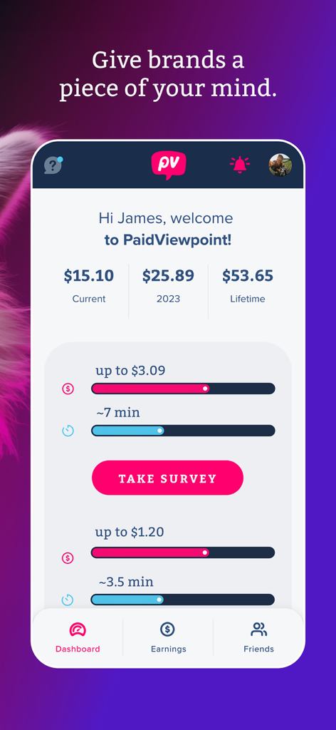 PaidViewpoint - PaidViewpoint mobile app dashboard displaying current earnings and available surveys for cash rewards