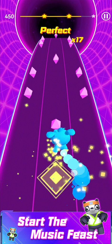 Gameplay of Cyber Rolling Ball Music Game with a character on a neon purple rhythmic track