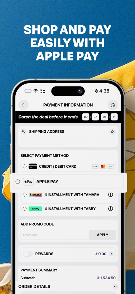 Jazi | جازي - Pantalla de pago de la app Jazi mostrando múltiples opciones de pago incluyendo Apple Pay, tarjetas de crédito y planes de cuotas.