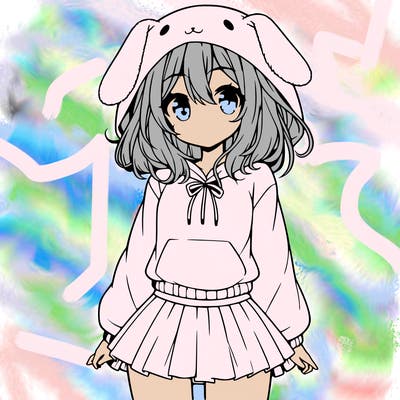 pretty anime girl wearing a fluffy hoodie with bunny ears on the hood and a skirt