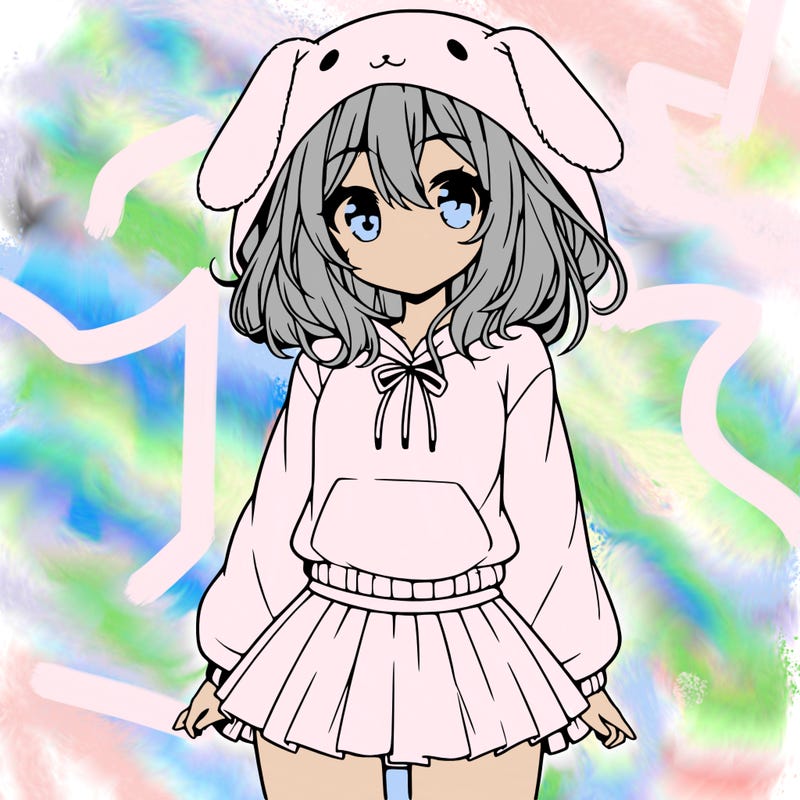 pretty anime girl wearing a fluffy hoodie with bunny ears on the hood and a skirt