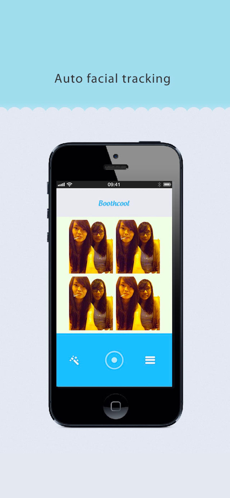BoothCool - Heart Effects - iPhone affichant l'application BoothCool avec une grille de quatre photos et un suivi automatique du visage.