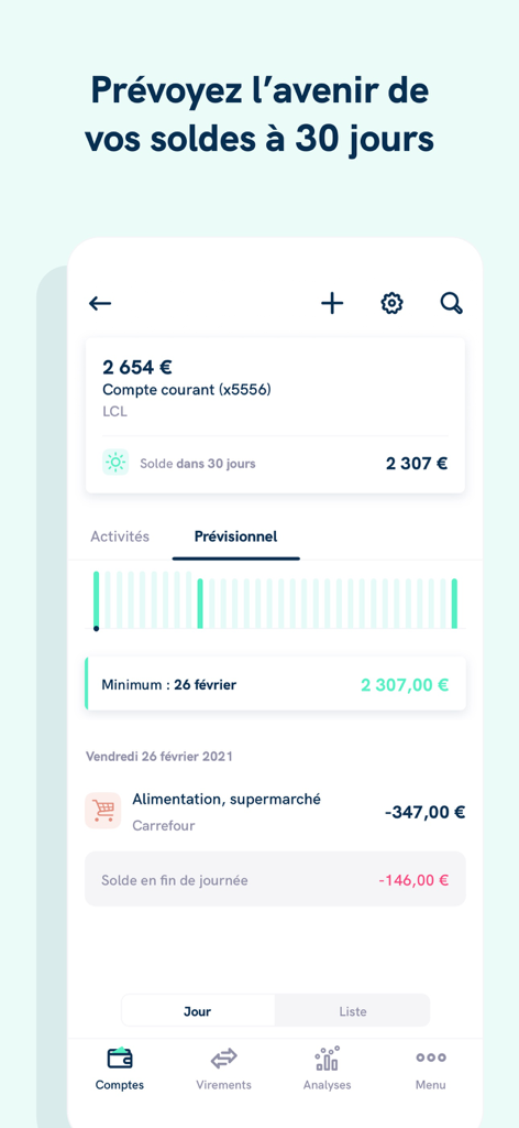 Linxo - L'app n°1 de budget - Linxo app interface showing a 30-day financial forecast and balance prediction