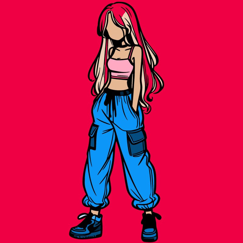 girl in baggy pants crop top and long hair
