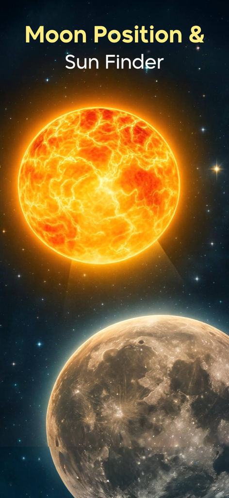 Schermata introduttiva dell'app Moon Finder e Stato del Sole che mostra un sole splendente e una luna dettagliata in un cielo stellato