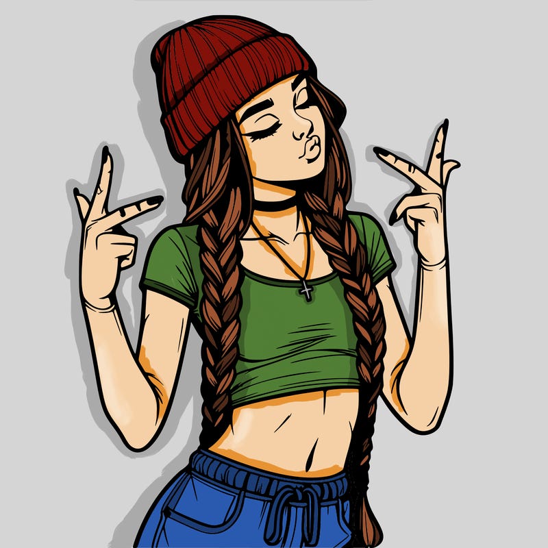 realistic teenage girl with braids and a beanie and crop top doing 🫶🏼