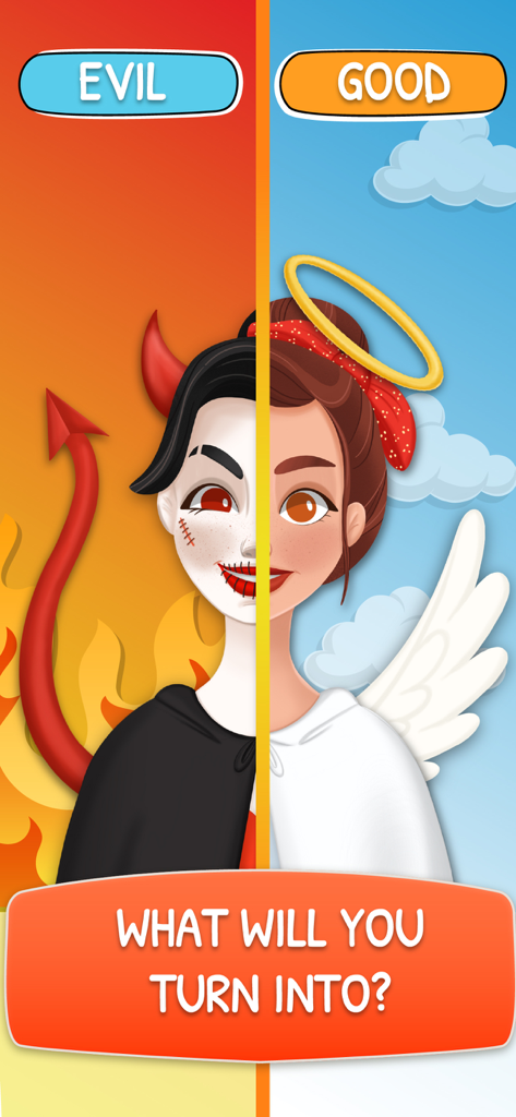 Life Choices 2: Life Simulator - A character split between angel and devil personas with the text what will you turn into