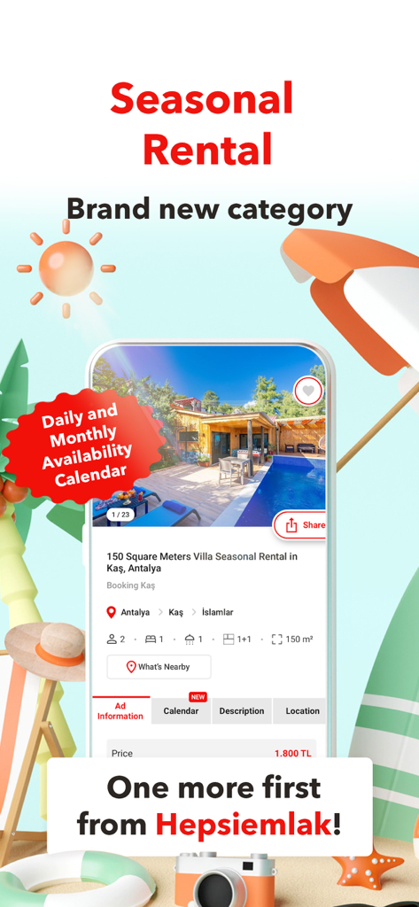 Hepsiemlak – Property Listings - Captura de tela do aplicativo Hepsiemlak mostrando uma vila sazonal para alugar em Antália com um calendário de disponibilidade