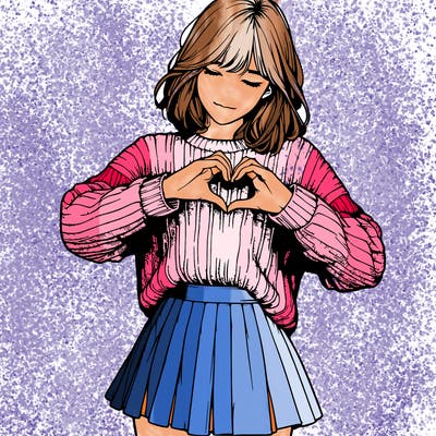 realistic girl in sweater and skirt making a heart with her hands