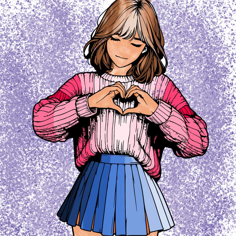 realistic girl in sweater and skirt making a heart with her hands