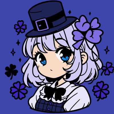 a manga-style girl with clovers around her, a little hat in her hair, like it's saint patrick's day