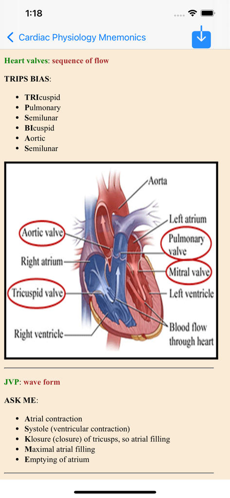 All Medical Mnemonics App - Medical mnemonics app displaying heart valve sequence and cardiac anatomy diagram